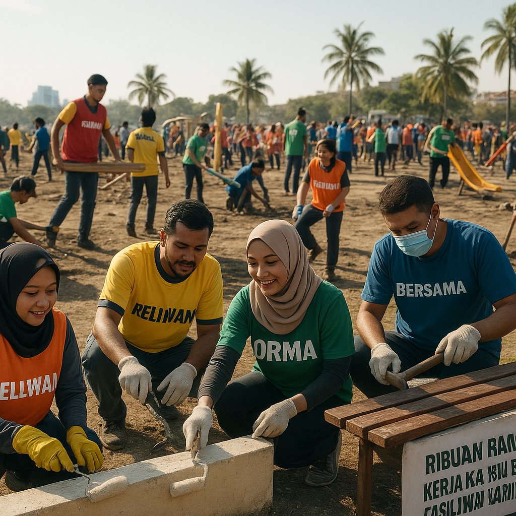 Ribuan Relawan dari Berbagai Ormas Kerja Bakti Bersama Perbaiki Fasilitas Umum yang Rusak
