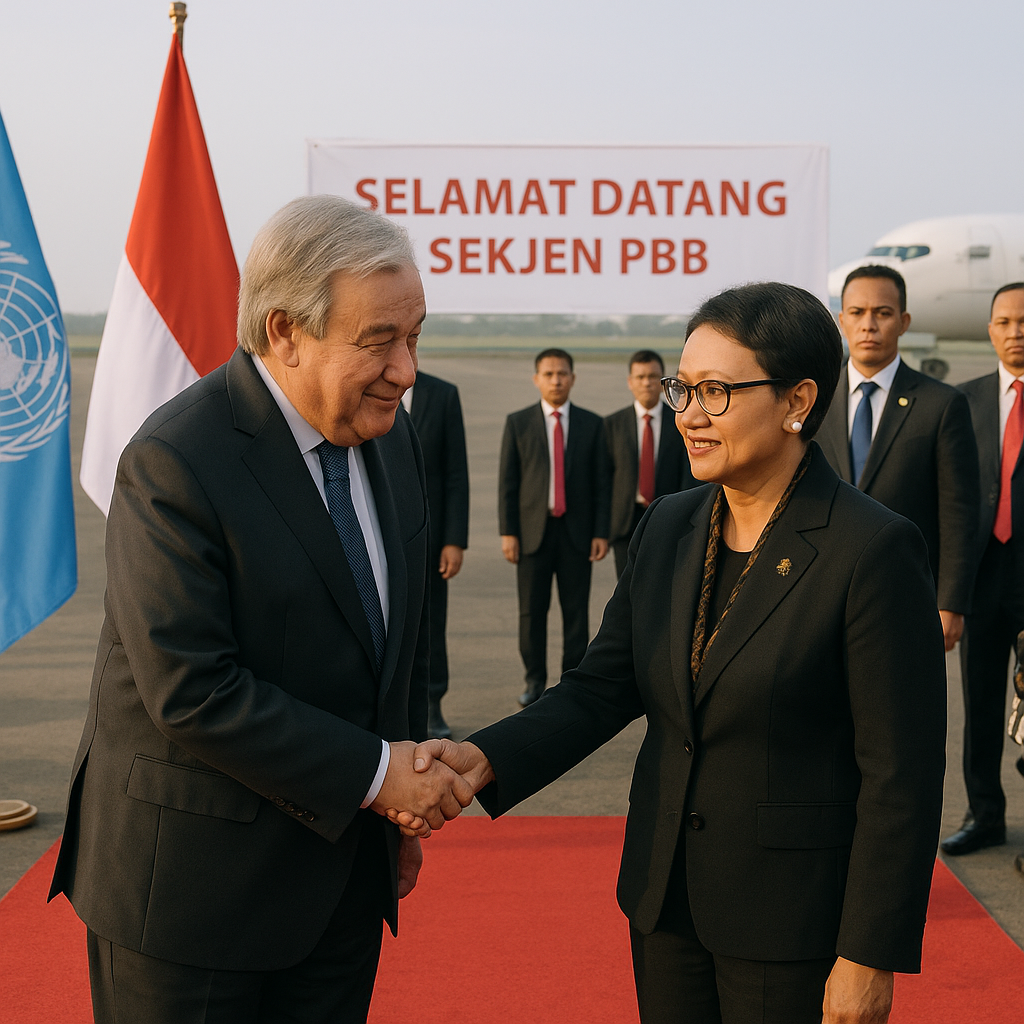 Sekjen PBB Tiba di Indonesia, Disambut Menlu dan Dijadwalkan Bertemu Prabowo